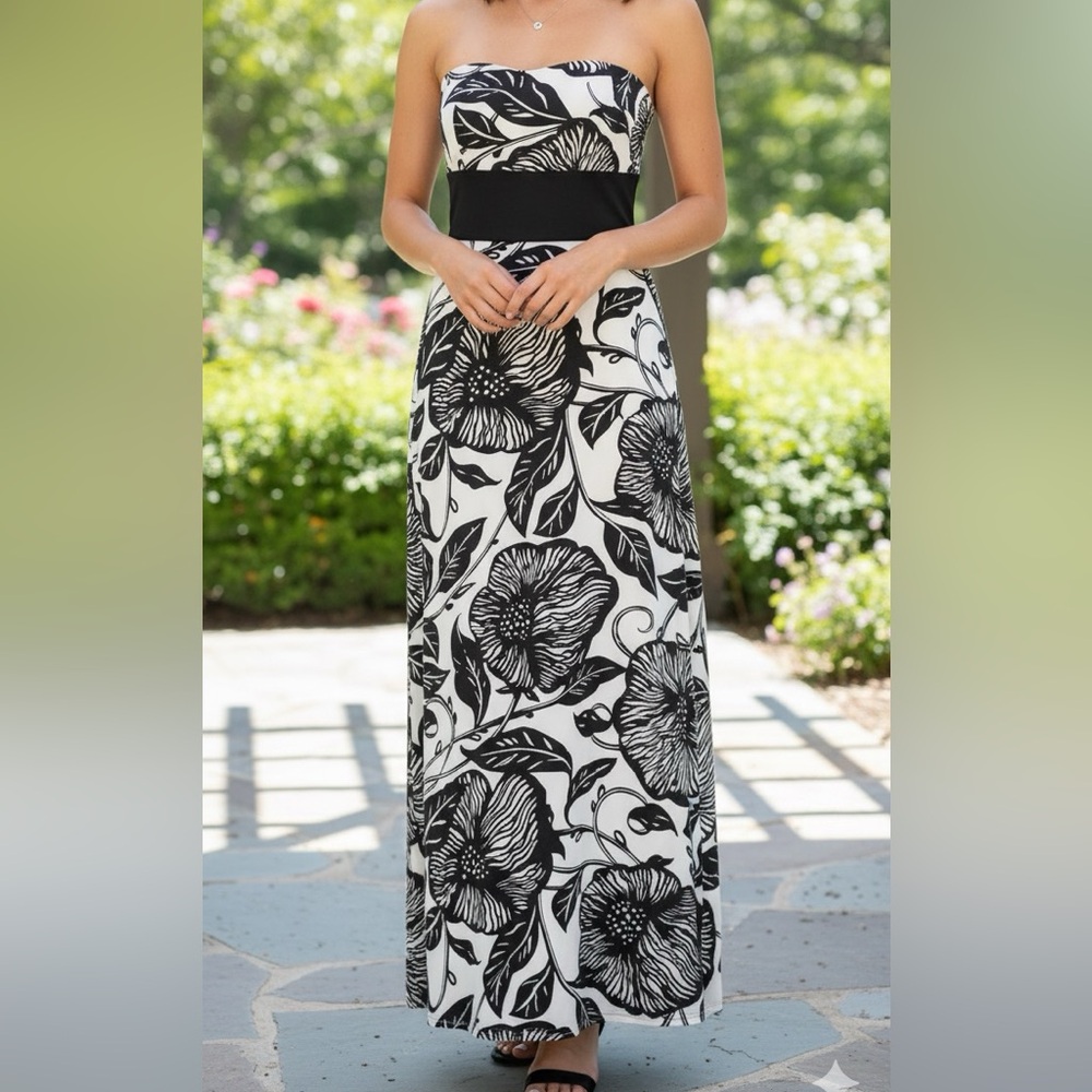 White House Black Market Strapless Black & Cream Floral Maxi Dress – Size 6